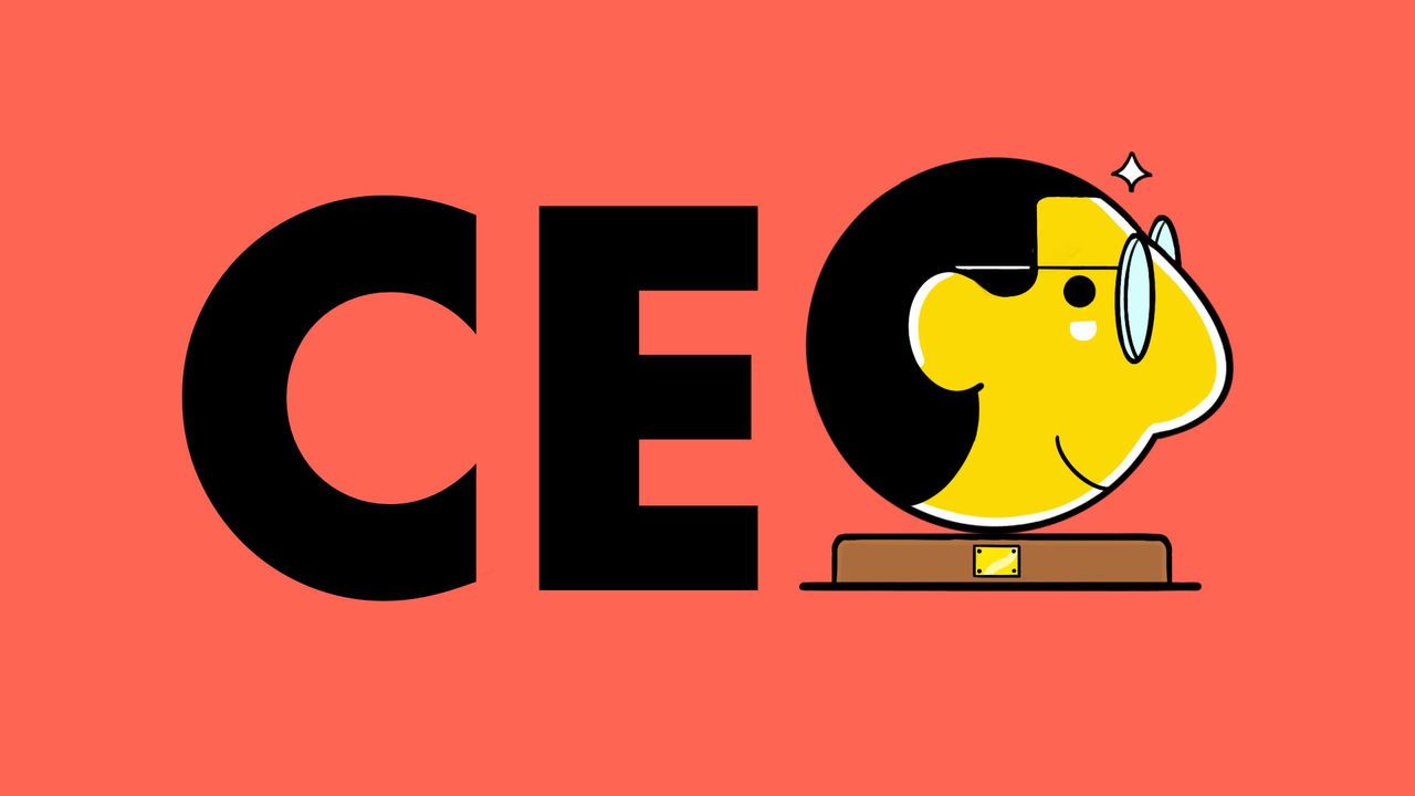 An illustration of the word "CEO" with a head-shaped trophy as the letter O.
