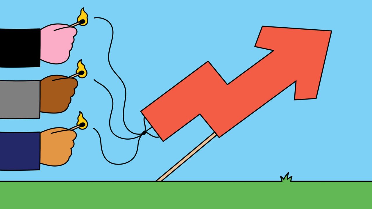 Illustration of three hands about to light three fuses on a firework in the shape of an upwards pointing chart indicator arrow